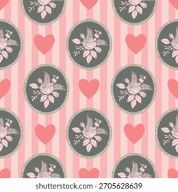 Patrón romántico sin fisuras con ramos de rosas en marcos. Fondo de Antiguas con composiciones florales y corazones. Colores rosa, rojo, gris. Fondo de rayas de Vertical. Diseño de Vector para textil.