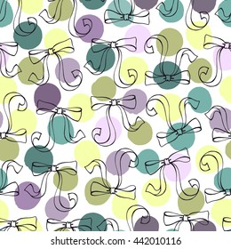 Romantic seamless pattern with bows on a polka dot background.