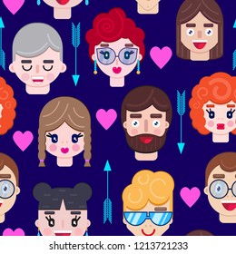 Romantic seamless pattern with boys and girls faces on dark background.Pattern for Valentines day