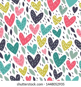 Romantic seamless pattern with bright hearts.