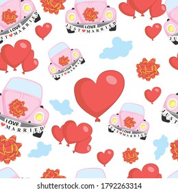 Romantic seamless pattern with cars for honeymoon, textile, wallpaper, fabric. Romantic traveling background.
