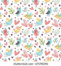 Romantic seamless pattern with cartoon birds and flowers.