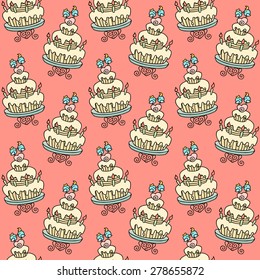 Romantic seamless pattern with cartoon couple birds on the cake. Cute birthday background  with candles, cake, love birds,heart. Vector use for wallpaper, invitations, cards, web page background.
