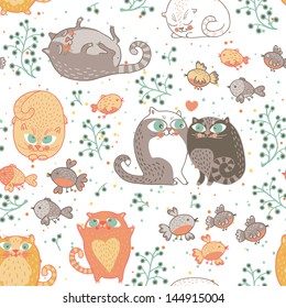 Romantic seamless pattern with cats and birds in vector.