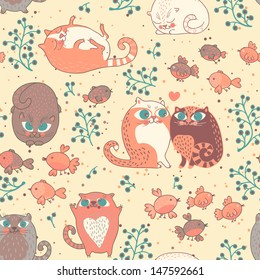 Romantic seamless pattern with cats and birds in vector.