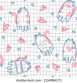 Romantic seamless pattern with cats and hearts on grid distorted background. Hippie aesthetic print for fabric, paper, T-shirt. Doodle vector illustration for decor and design.
