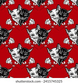 Romantic seamless pattern with cats shaped like a heart. Valentine day concept.