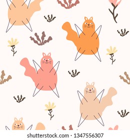 Romantic seamless pattern with cats and stylish flowers.  Creative childish texture. Cartoon cats vector illustration in scandinavian style. Great for fabric, textile.
