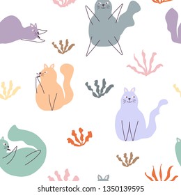 Romantic seamless pattern with cats and stylish flowers.  Creative childish texture. Cartoon cats vector illustration in scandinavian style. Great for fabric, textile.