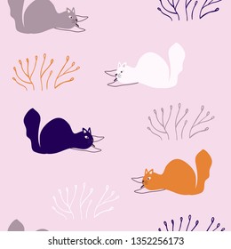 Romantic seamless pattern with cats and stylish flowers.  Creative childish texture. Cartoon cats vector illustration in scandinavian style. Great for fabric, textile.