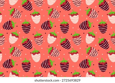 Patrón romántico sin fisuras de fresas bañadas en chocolate con fondo de lunares. Ideal para empaques de San Valentín, Fondos de pantalla, papelería, tela y diseños temáticos dulces.