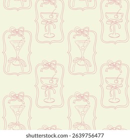 Romantic seamless pattern with cocktail glasses, bows and cherries in soft pink lines. Concept evokes elegance, celebration and feminine vintage charm