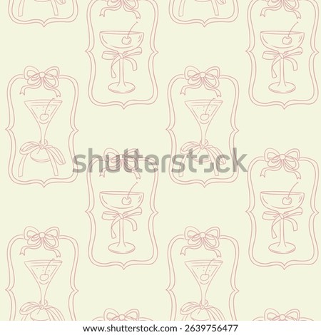 Romantic seamless pattern with cocktail glasses, bows and cherries in soft pink lines. Concept evokes elegance, celebration and feminine vintage charm