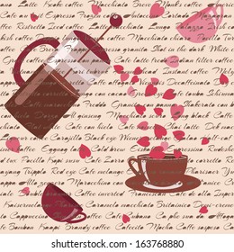 Romantic seamless pattern with coffee, hearts and text