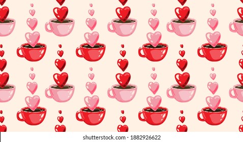 Romantic seamless pattern. Coffee, tea, love, heart, bubbles, balloon, sweet love. Cute print. Vector illustration. Red and Pink coffee mug.