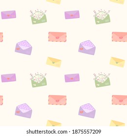 Romantic Seamless pattern with colored envelopes and love letters on white. Cute design for Valentine's Day. Vector illustration in flat style