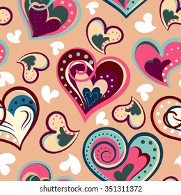 Romantic seamless pattern with colorful hand draw hearts.  Colorful hearts on light background. Vector illustration