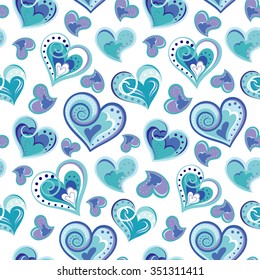 Romantic seamless pattern with colorful hand draw hearts.  Blue hearts on white background. Vector illustration.