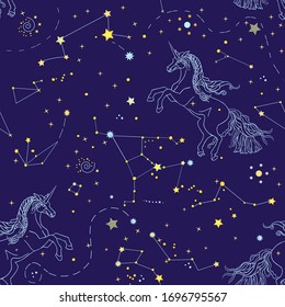 Romantic seamless pattern with cosmos and linear contour unicorns on the blue background. Endless texture of galaxy, constellations for your design. Vector illustration.