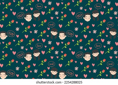 Romantic seamless pattern with couple in love, hearts and flowers. Ideal for Valentines day wrapping paper