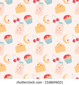 romantic seamless pattern with cupcakes and jar with hearts