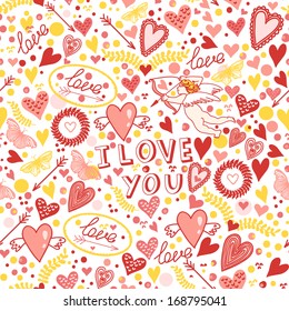 Romantic seamless pattern with Cupid and hearts, vector