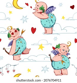 Romantic seamless pattern. Cupid patterns with bow and arrow, clouds, hearts, moon and stars. Design for Valentine's Day.