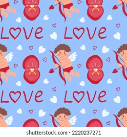 Romantic seamless pattern with cupid, ring in gift box, hearts and word love. Flat vector illustration for Valentine's day, wedding