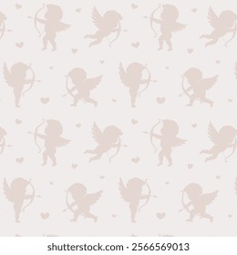 Romantic seamless pattern with cupid silhouette with bows, arrows, and hearts. Perfect for Valentine's Day cards, scrapbooking, invitations, posters, stickers, and romantic designs.