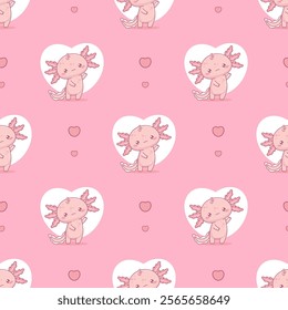 Romantic Seamless pattern with cute Axolotl on pink background with heart. Little cartoon kawaii character. Vector illustration. Valentine holiday background template.