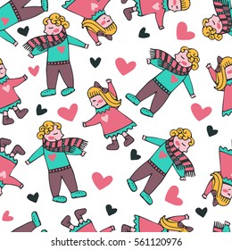 Romantic seamless pattern with cute boys, girls and hearts. Hand drawn vector background for prints, T-shirts. Design for valentine's day card, romantic events.