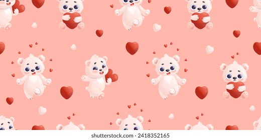 Romantic Seamless pattern with cute cartoon polar bears with hearts on pink background. Vector illustration for valentines and birthday holiday design, packaging. wallpaper, textile. Kids collection 