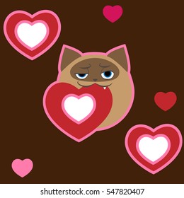 Romantic seamless pattern with cute cat and hearts. Brown background.