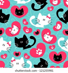 Romantic seamless pattern with cute couple of cats