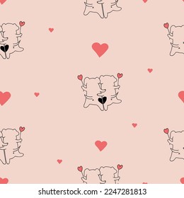 Romantic seamless pattern. Cute enamored dogs from back with hearts on light pink background. Vector illustration in doodle style. Endless background for valentines, wallpapers, packaging, print