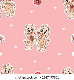 Romantic seamless pattern. Cute enamored bears on pink background with hearts. Vector illustration in doodle style. Endless background for valentines, wallpapers, packaging, print