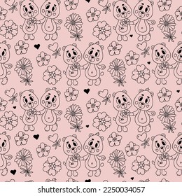 Romantic seamless pattern. Cute enamored bears with flowers on light pink background. Vector illustration in doodle style. Endless background for valentines, wallpapers, packaging, print