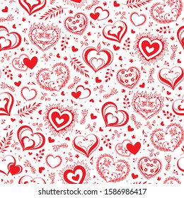 Romantic seamless pattern with cute hand drawn hearts with flowers and leaves. The style of folk drawing. Pattern design for valentines day. Stock vector illustration.