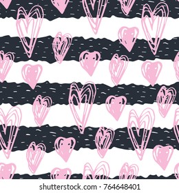 Romantic seamless pattern with cute hearts.  Hand drawn vector background for Valentines day cards, wedding, print on textile.