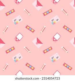 Romantic seamless pattern with cute icons pink background 