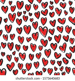 Romantic seamless pattern with cute images of hearts on a white background. The style of children's drawing. Expression of feelings of love and sympathy. Pattern design for valentines day. Stock vecto