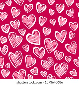 Romantic seamless pattern with cute images of hearts on a pink background. The style of children's drawing. Expression of feelings of love and sympathy. Pattern design for valentines day. Stock vector