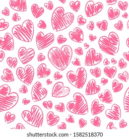 Romantic seamless pattern with cute images of hearts on a white background. The style of children's drawing. Pattern design for valentines day. Stock vector illustration.