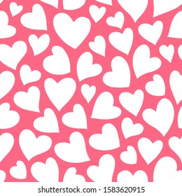 Romantic seamless pattern with cute images of hearts on a red background. The style of children's drawing. Pattern design for valentines day. Stock vector illustration.