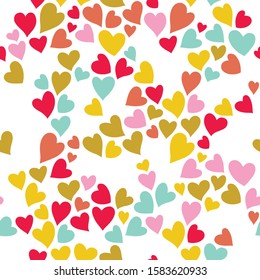 Romantic seamless pattern with cute images of hearts on a white background. The style of children's drawing. Pattern design for valentines day. Stock vector illustration.