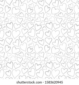 Romantic seamless pattern with cute images of hearts on a white background. The style of children's drawing. Pattern design for valentines day. Stock vector illustration.