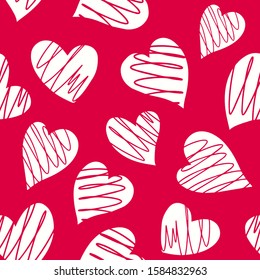 Romantic seamless pattern with cute images of hearts on a pink background. The style of children's drawing. Pattern design for valentines day. Stock vector illustration.