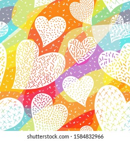 Romantic seamless pattern with cute images of hearts on a bright background. The style of children's drawing. Pattern design for valentines day. Stock vector illustration.