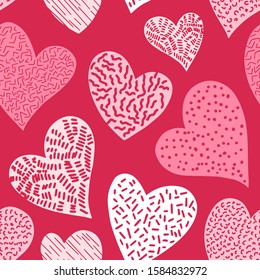 Romantic seamless pattern with cute images of hearts on a pink background. The style of children's drawing. Pattern design for valentines day. Stock vector illustration.