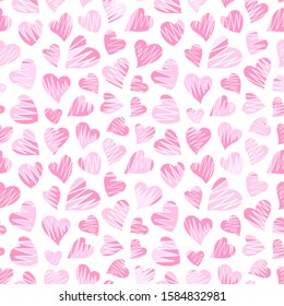 Romantic seamless pattern with cute images of hearts on a white background. The style of children's drawing. Pattern design for valentines day. Stock vector illustration.